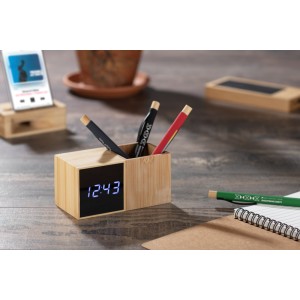 Organiseur de bureau BAMBOO avec horloge LED – Calendrier, alarme et thermomètre