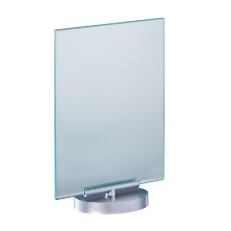 Présentoir en T A5, pivotant, acrylique aspect verre et pied A5