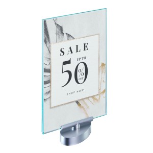 Présentoir en T A5, pivotant, acrylique aspect verre et pied A5