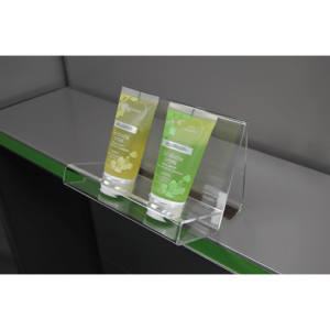 Présentoir incliné à poser sur tablette – Plexi transparent 3 mm – 2 trous Ø 30 mm