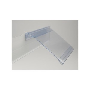 Porte-étiquette stop-rayon – Fixation pince articulée sur rail – PVC transparent (8 × 10 cm)