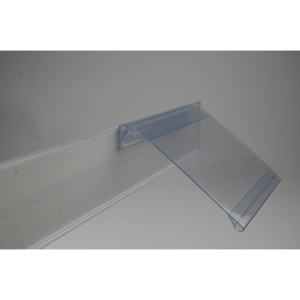 Porte-étiquette stop-rayon – Fixation pince articulée sur rail – PVC transparent (8 × 10 cm)