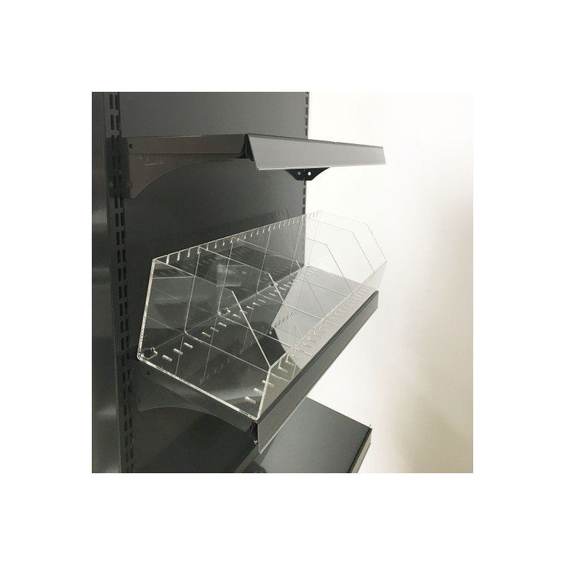 Bac présentoir à ouverture biseautée avec séparateurs modulables – Plexiglas transparent (H 150 mm)