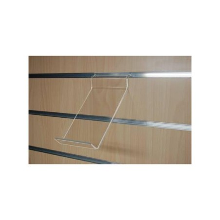 Porte-produit incliné en plexi – Pour fond rainuré – Larg. 100 mm (L 150 ou 200 mm)