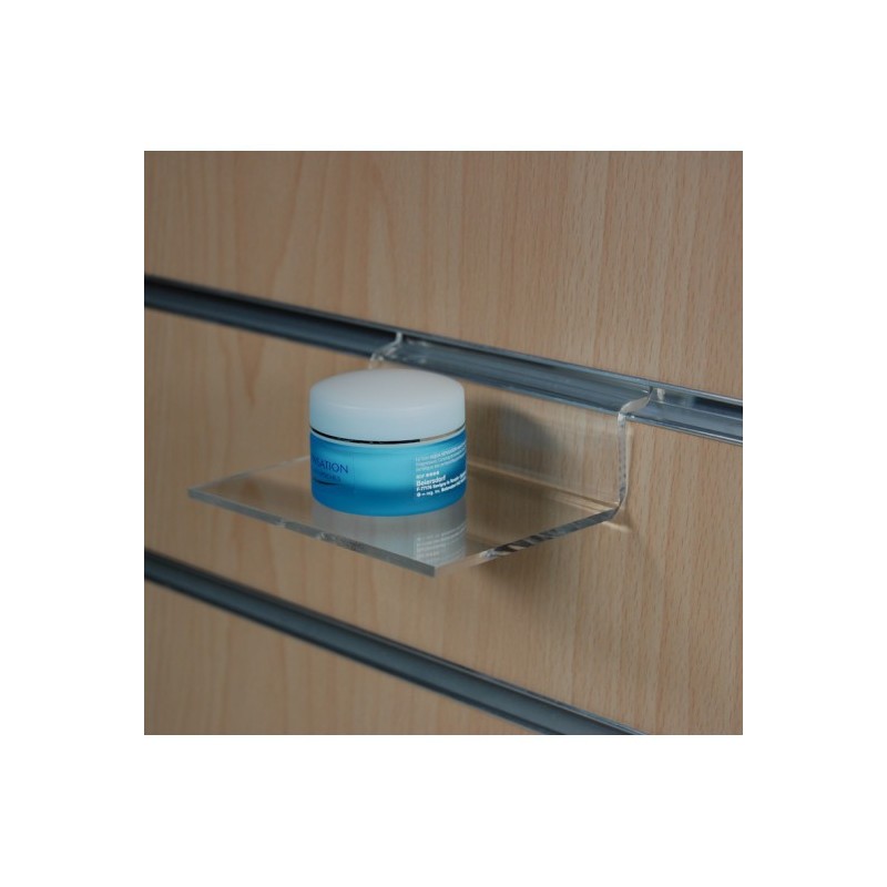 Tablette porte-produit de fond de lame à 90° – Support horizontal – Plexi transparent 3 mm (chants polis)