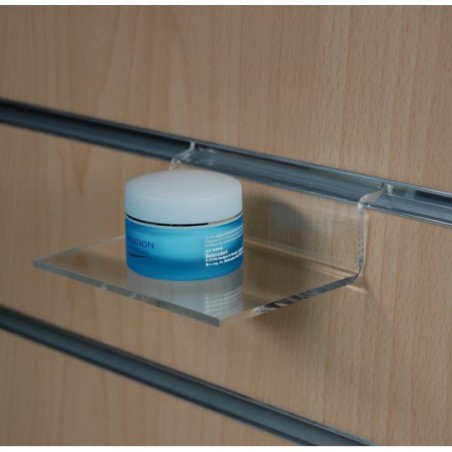 Tablette porte-produit de fond de lame à 90° – Support horizontal – Plexi transparent 3 mm (chants polis)