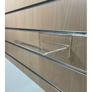 Tablette porte-produit à 90° renforcée – Pour fond de lame – Plexi transparent 3 mm (chants polis)