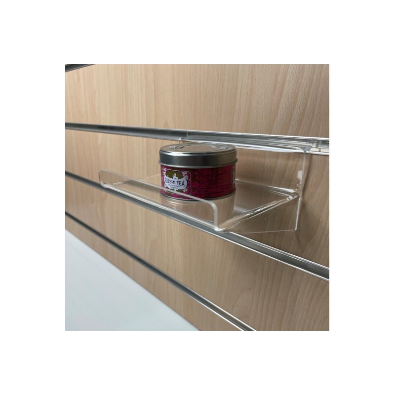 Tablette porte-produit à 90° renforcée – Pour fond de lame – Plexi transparent 3 mm (chants polis)