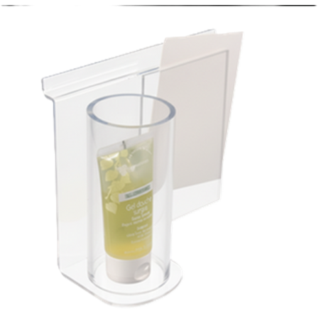 Présentoir tube plexi fond de lame + porte-étiquette A6 – Plexiglas transparent 3 mm (modèle déposé)