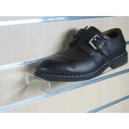 Présentoir chaussure mural pour fond rainuré – Tablette plexi transparent 3 mm (chants polis) – 100 × 250 mm