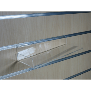 Présentoir chaussure mural pour fond rainuré – Tablette plexi transparent 3 mm (chants polis) – 100 × 250 mm