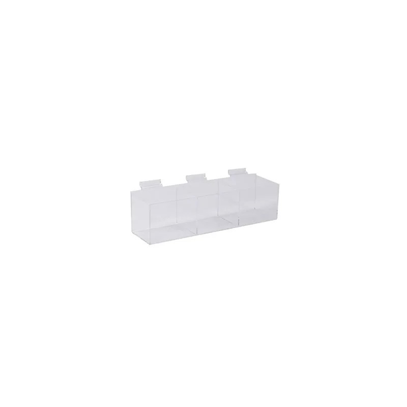 Présentoir plexiglas 3 compartiments pour panneau rainuré – Transparent (39 x 10,5 x 10,5 cm)