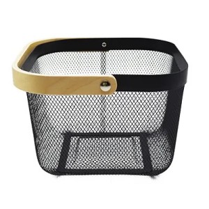 Panier libre-service métal – 8 L mesh noir avec poignées bois – 24,5 x 24,5 x H 18 cm