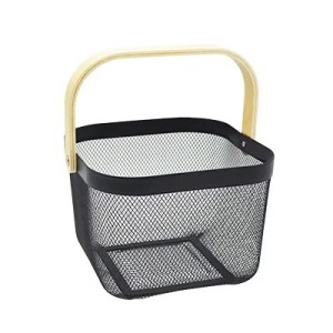 Panier libre-service métal – 8 L mesh noir avec poignées bois – 24,5 x 24,5 x H 18 cm