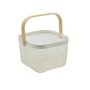 Panier libre-service – 8 L métal blanc avec poignées bois – 24,5 x 24,5 x H 18 cm
