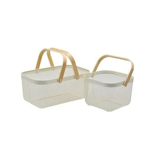 Panier libre-service – 13 L métal blanc avec poignées bois – 39,7 x 24,5 x H 18 cm