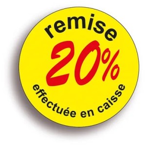 Pastilles adhésives « Remise -20% » Ø 50 mm – jaune fluo (lot de 500)