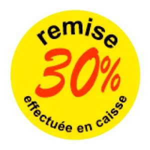 Pastilles adhésives « Remise -30% » Ø 50 mm – jaune fluo (lot de 500)