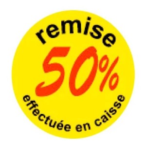 Pastilles adhésives « Remise -50% » Ø 50 mm – jaune fluo (lot de 500)