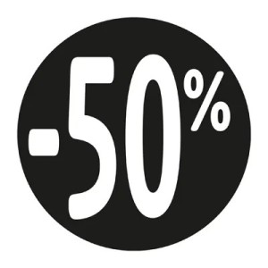 Étiquette Soldes « -50% » noire Ø 36 mm – sticker promotionnel (lot de 500)