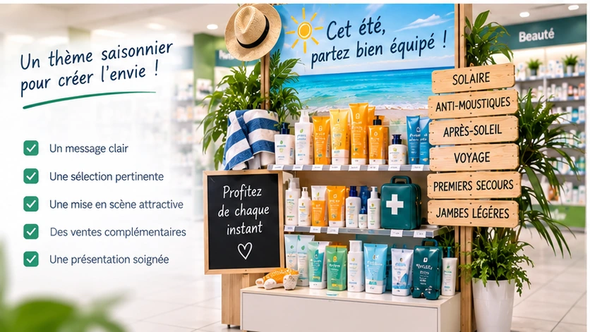 Tête de gondole été et départ en vacances en pharmacie