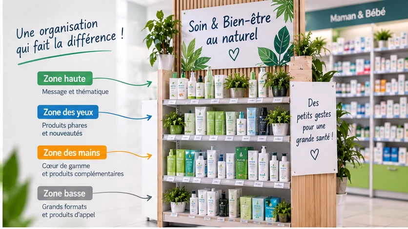 Exemple de merchandising d'une tête de gondole en pharmacie